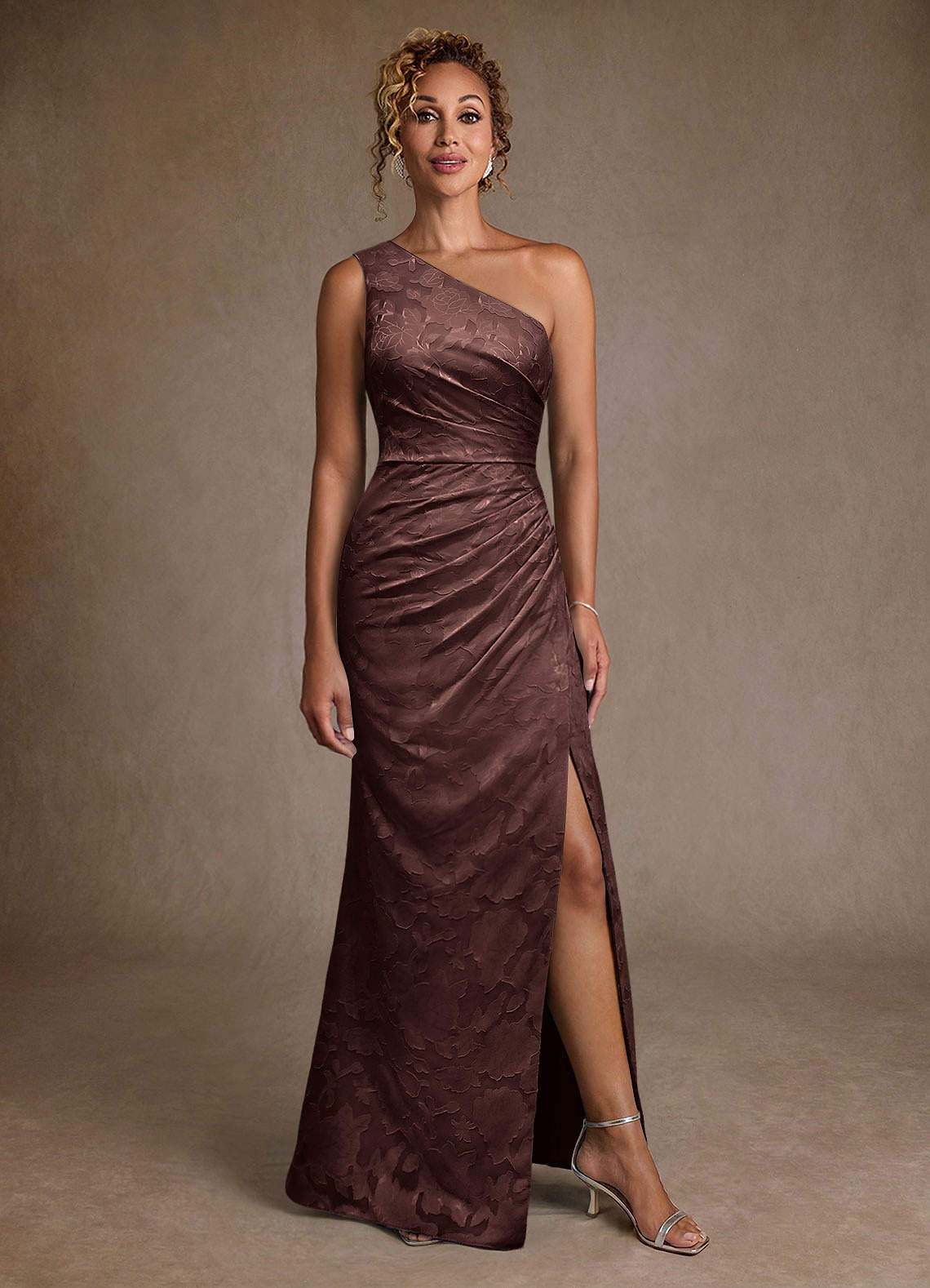 Azazie Joylin Mother of the Bride Dresses Espresso Trumpet One Shoulder Floral Burnout Dress image3