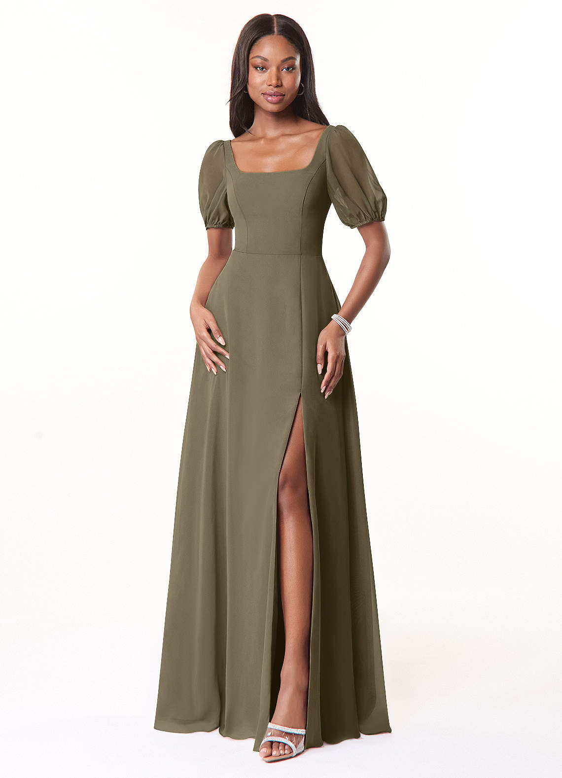 Azazie Alani Bridesmaid Dresses Willow Green A-Line Square Neckline Chiffon Dress image1