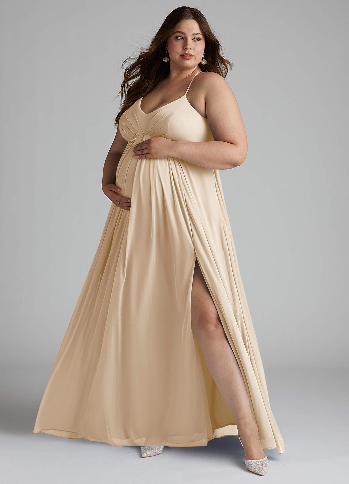 Azazie Annabelle Maternity Bridesmaid Dresses A-Line V-Neck Pleated Mesh Floor-Length Dress image1