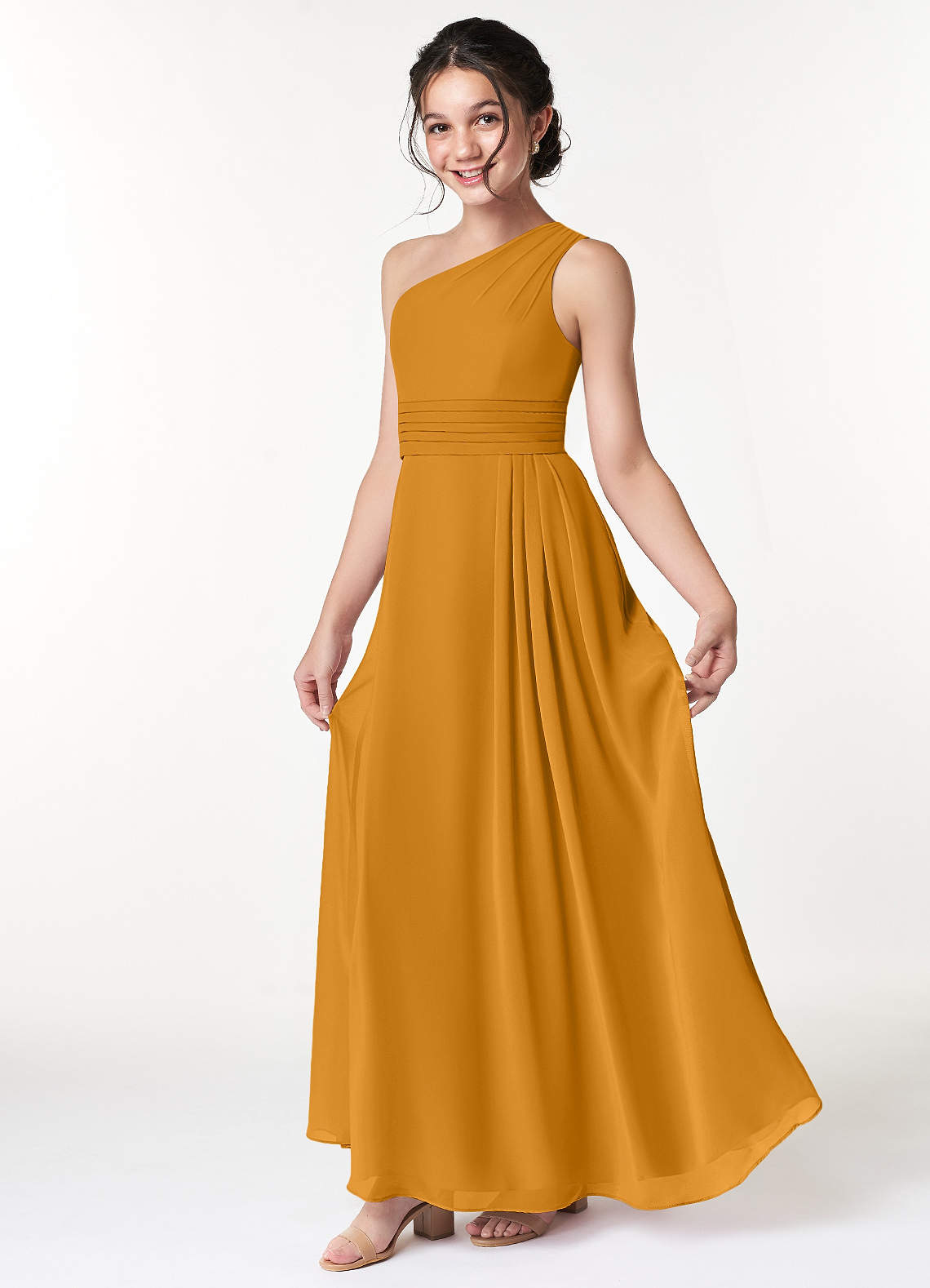 Azazie Cleo Junior Butterscotch A-Line Pleated Chiffon Dress image1