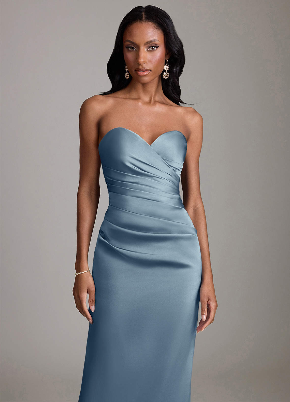 blue satin dress strapless Azazie Sonora Ready to Ship Dusty Stretch Bridesmaid Dresses epos:dress_sleeve_length:Sleeveless Xdegoge Linen Dresses for Length:Tall (5'8