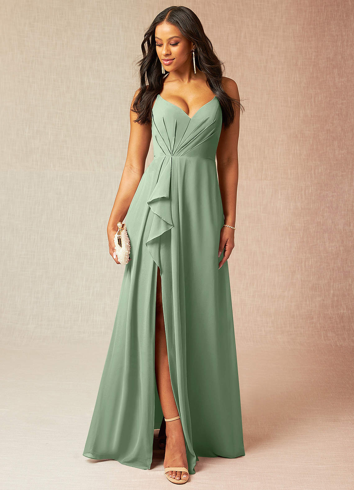Azazie Kyedae Bridesmaid Dresses Matcha A-Line V-Neck Pleated Chiffon Dress image1