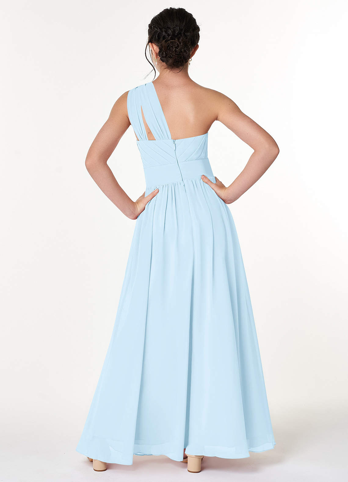 Azazie Molly Junior Vestido Céu Azul de Chiffon de Linha A com Plissado image1