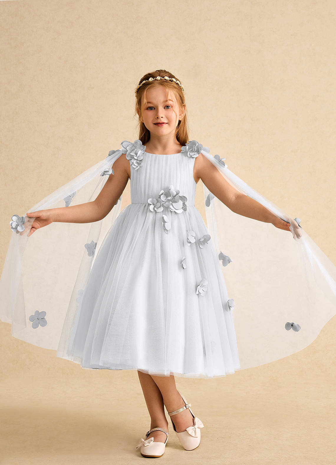 Azazie Staria Blumenmädchenkleider Ballkleid Gestreift Tüll Kleid Weiß image3