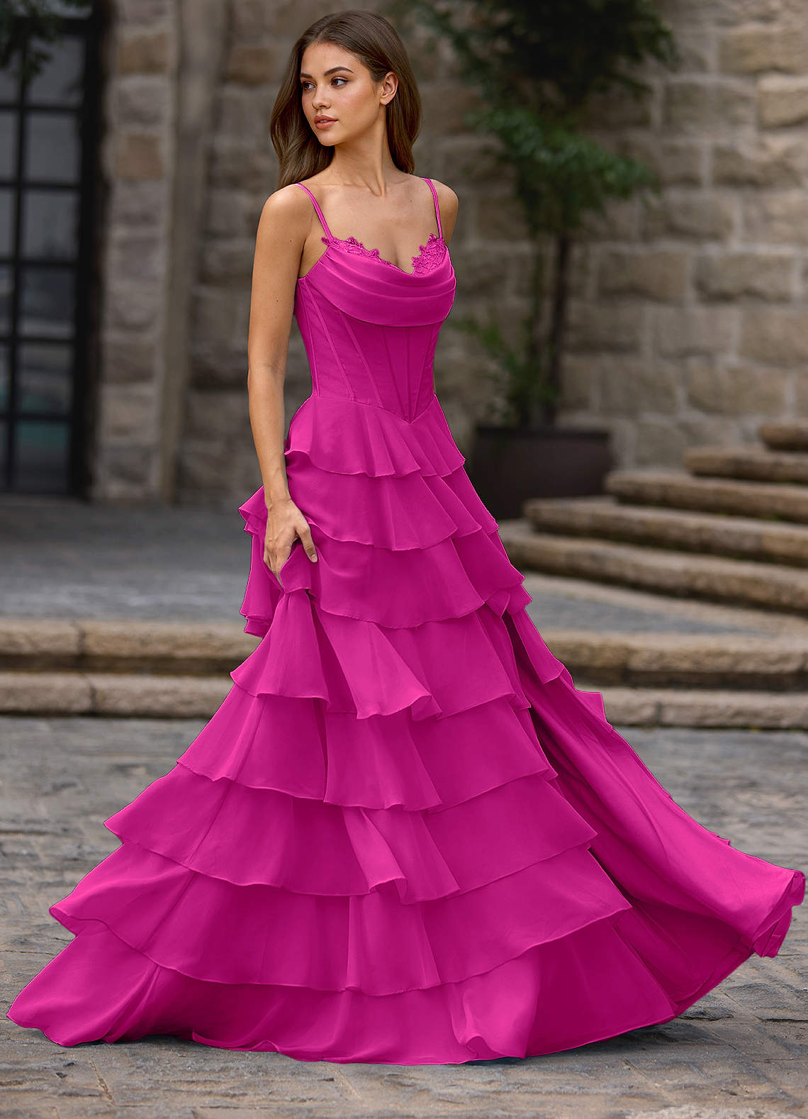 hot pink ruffle prom dress A-Line Pleated Keyhole with Split US14 / Custom Color complemented by the playful ruffled embellishments and a daring slit that enhances the overall allure Azazie 2026 Corset Ruffles A-Line