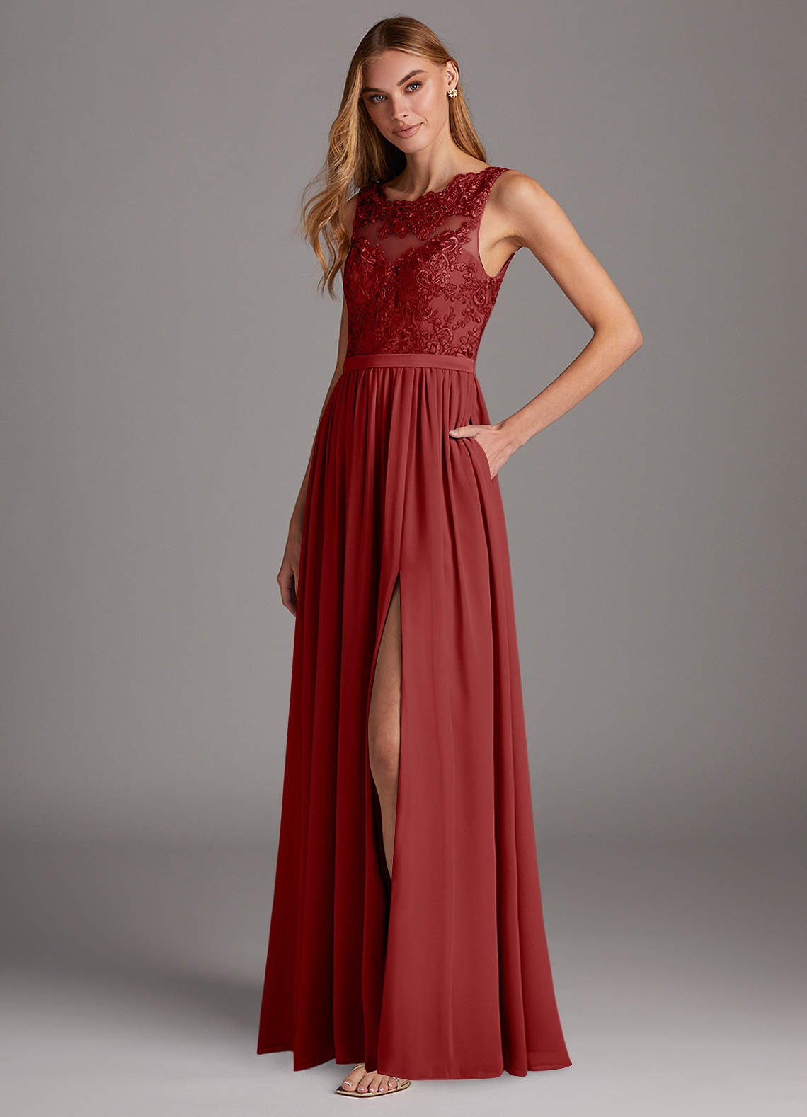 Azazie Elly Bridesmaid Dresses Rust A-Line Lace Scoop Neck Chiffon Dress image1