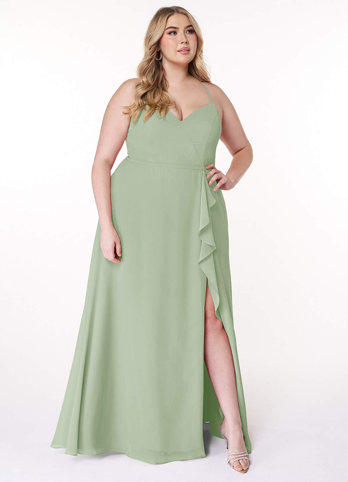 Azazie Naeem Bridesmaid Dresses Dusty Sage A-Line V-Neck Ruffle Chiffon Dress image8