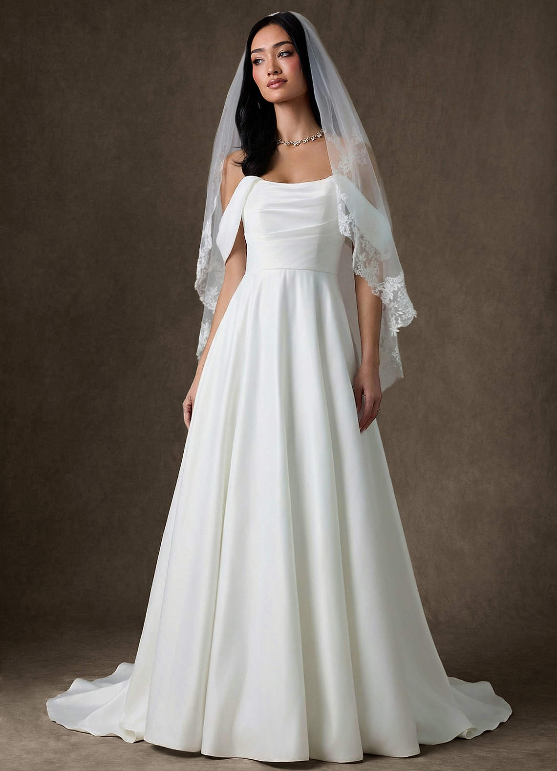 front Véu de renda com borda de pétalas em flor na ponta dos dedos