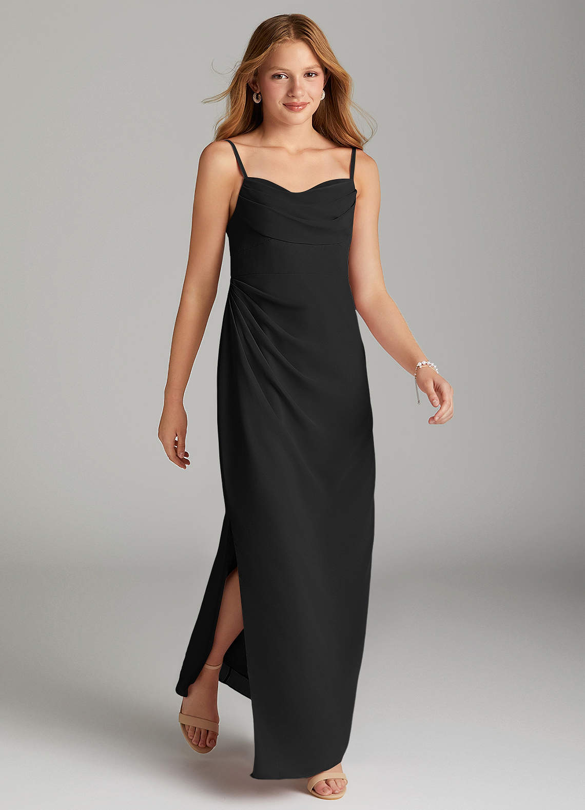 Azazie Mai Junior Black Sheath Pleated Chiffon Dress image3