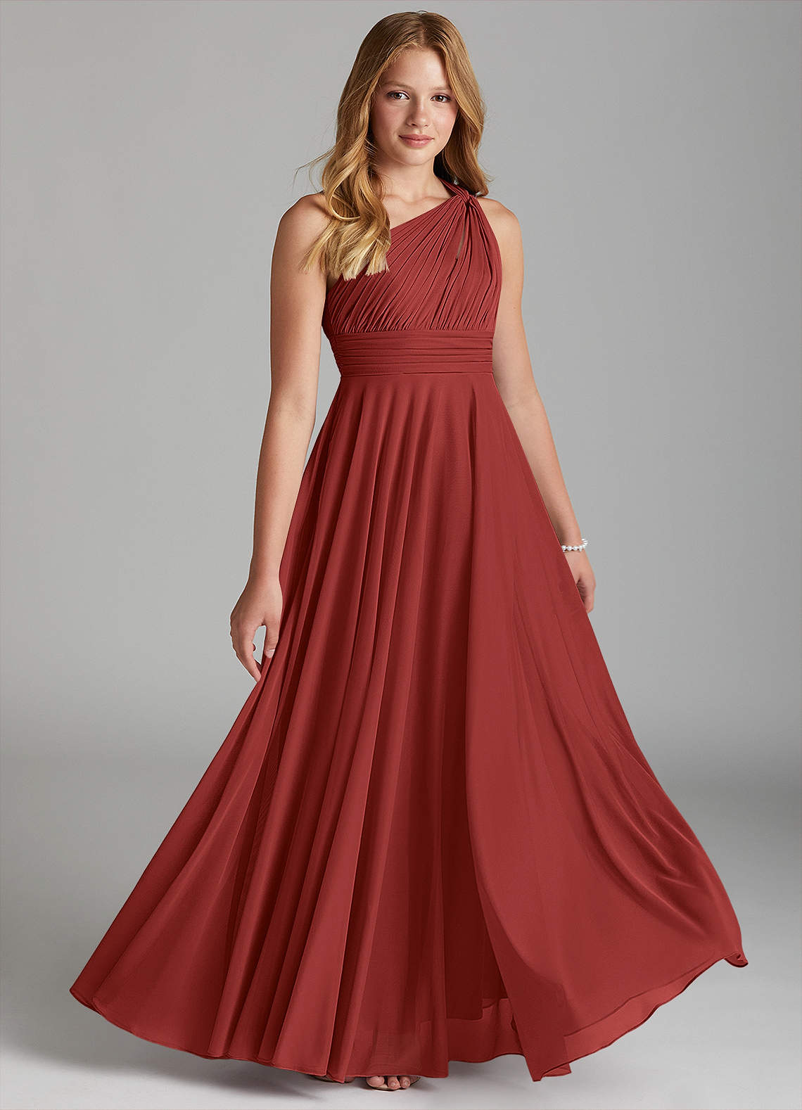 Azazie Charlize Junior Rust A-Line Mesh Dress image1