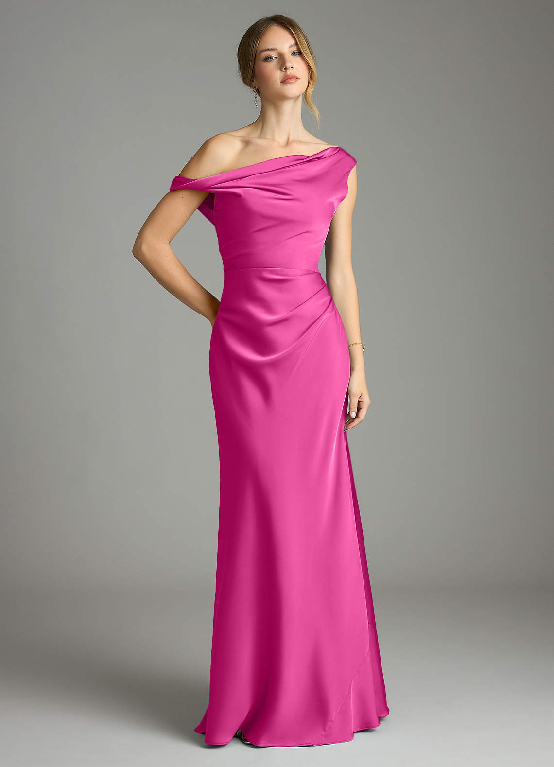 Azazie Emerson Bridesmaid Dresses Fuchsia Mermaid Off the Shoulder Stretch Satin Dress image1