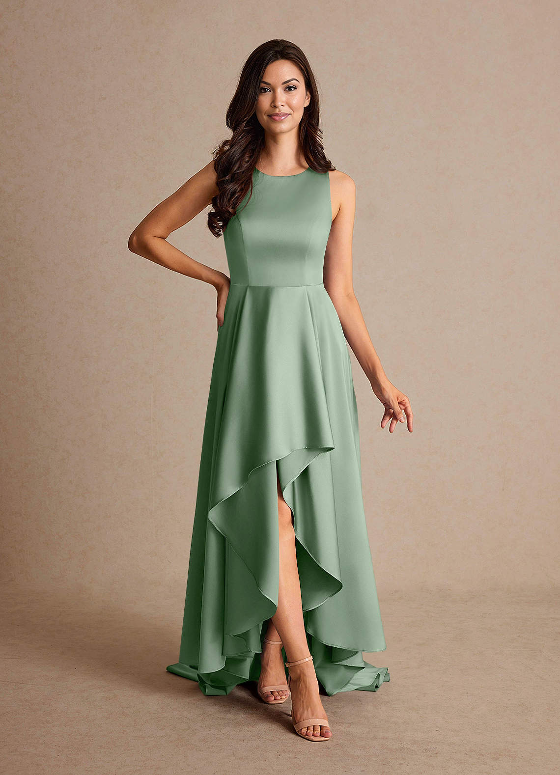 Azazie Niles Matcha A-Line Trains Stretch Satin Dress Ready to Ship | Azazie Azazie Niles Matcha A-Line Trains Stretch Satin Dress Ready to Ship | Azazie