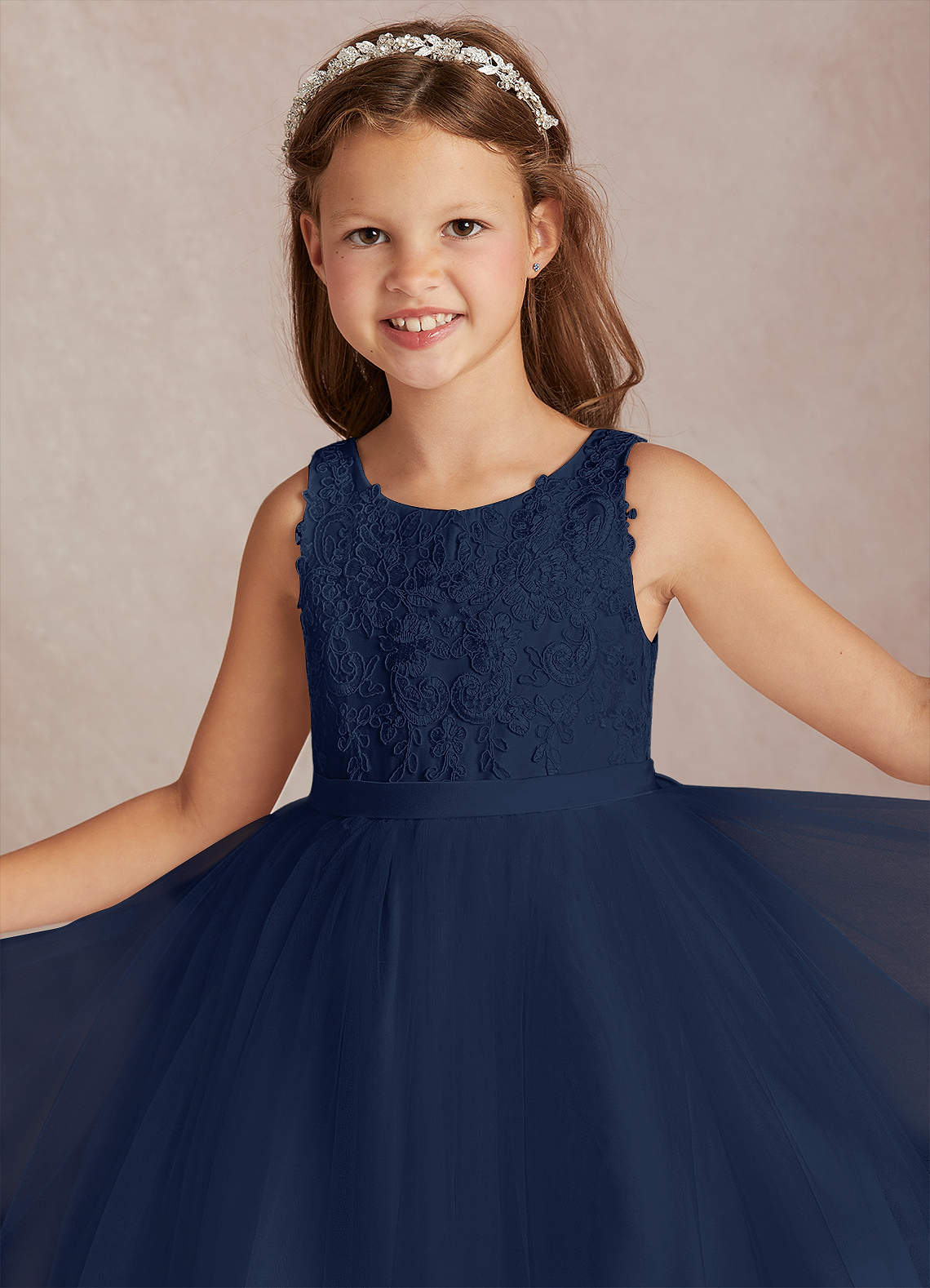 Azazie Calla Flower Girl Dresses Dark Navy Ball-Gown Lace Tulle Dress image1