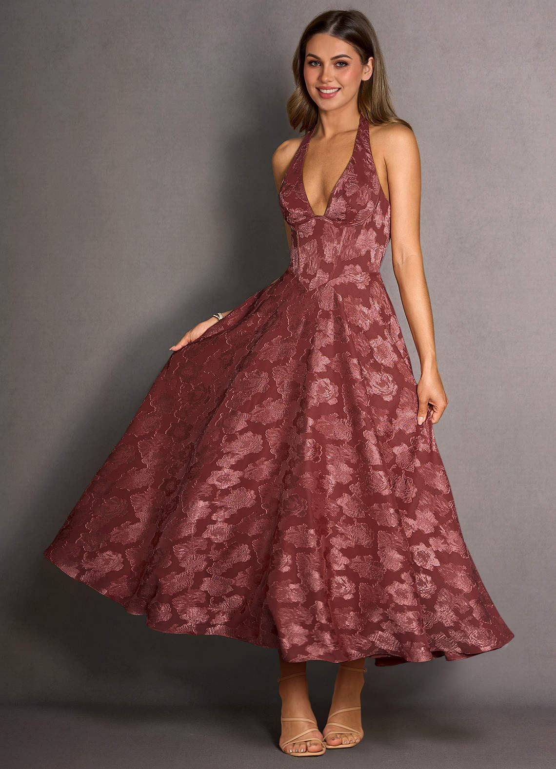Azazie Halter A-Line Bows Maxi Cocktail Dresses in Vintage Rose Azazie Halter A-Line Bows Maxi Cocktail Dresses in Vintage Rose