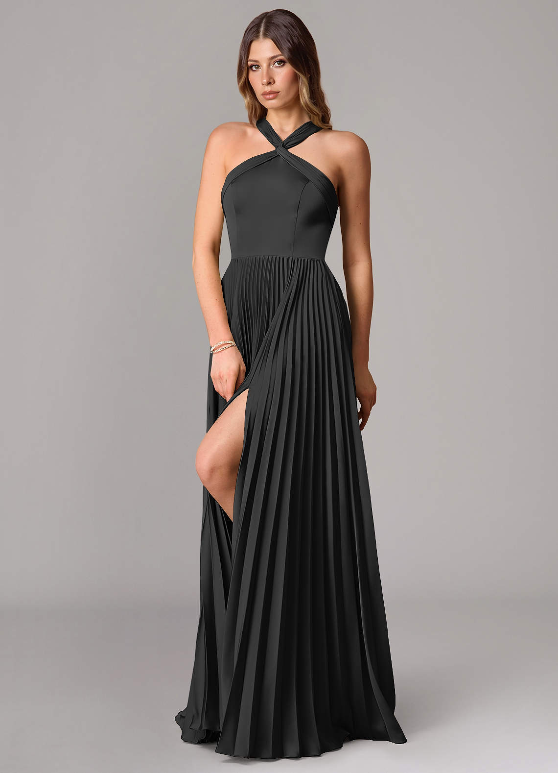 Azazie Afra Vestidos de madrinha de casamento Vestir Preto de Cetim elástico de Linha A com Plissado image3