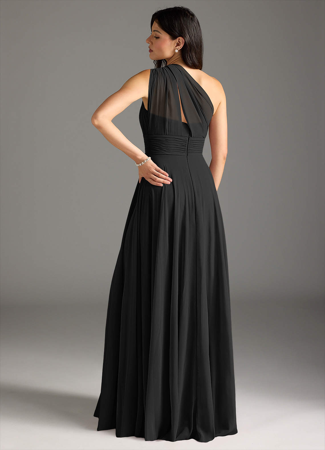 Azazie Charlize Bridesmaid Dresses Black A-Line One Shoulder Chiffon Dress image1