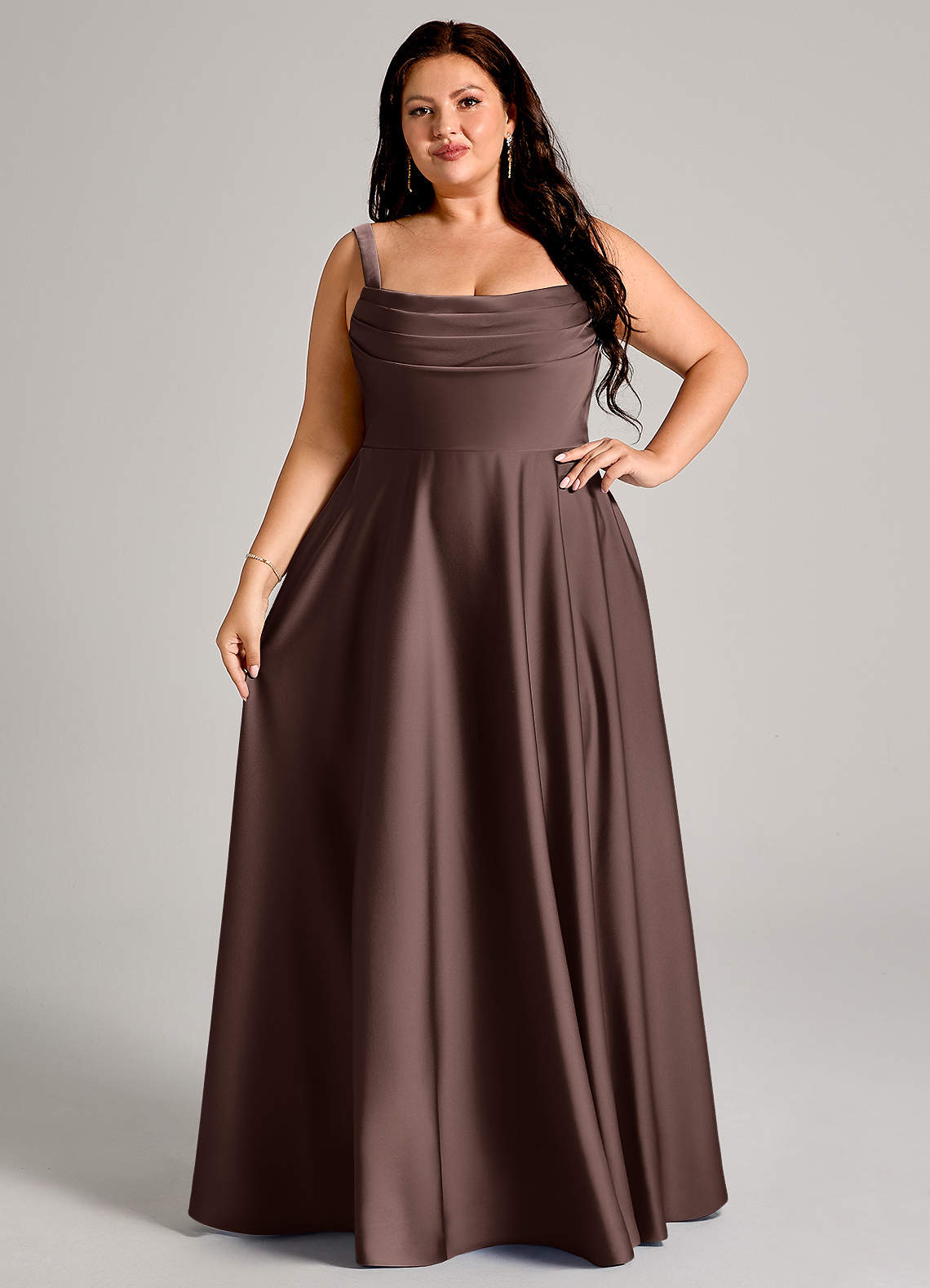 Azazie Shaude Bridesmaid Dresses Ganache A-Line Pleated Stretch Satin Dress image13