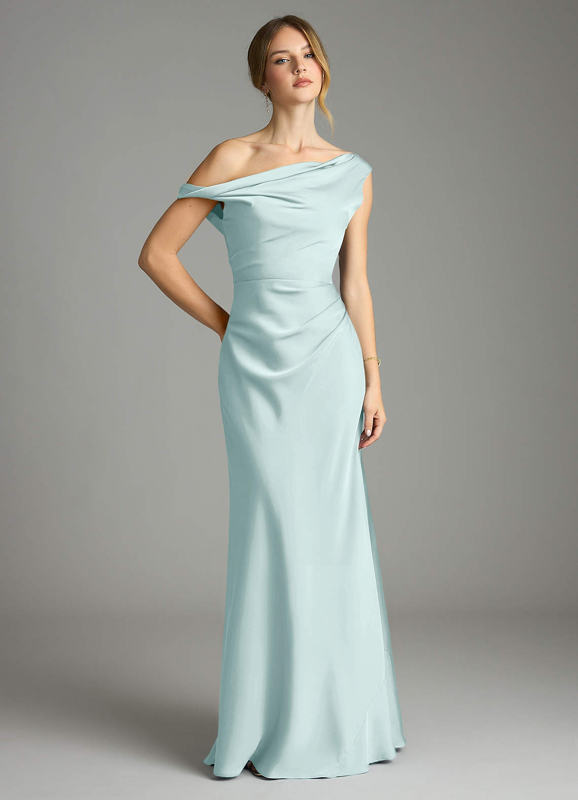 Azazie Emerson Bridesmaid Dresses Mist Mermaid Off the Shoulder Stretch Satin Dress image1