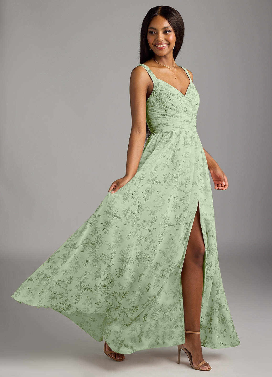 Azazie Chanel Bridesmaid Dresses Green Fern Floral A-Line Pleated Chiffon Dress image1