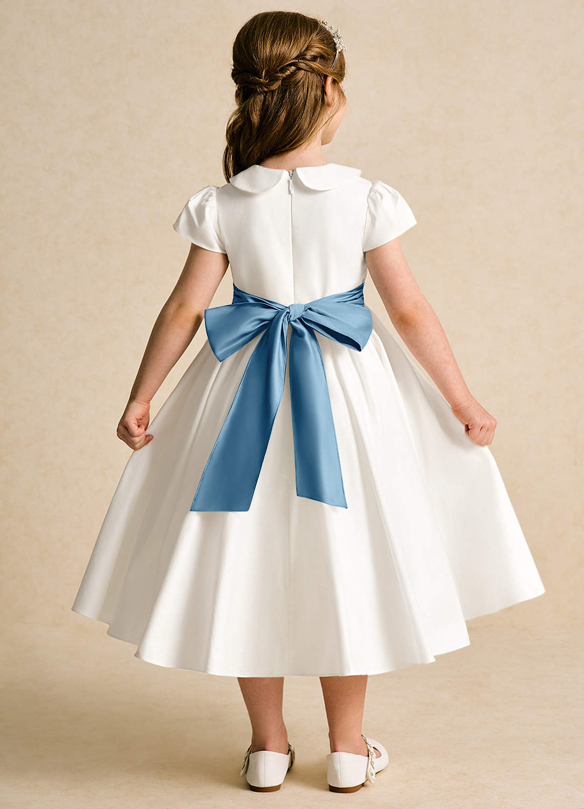 Azazie Deary Flower Girl Dresses Ivory Steel Blue A-Line Bow Cotton Dress image1