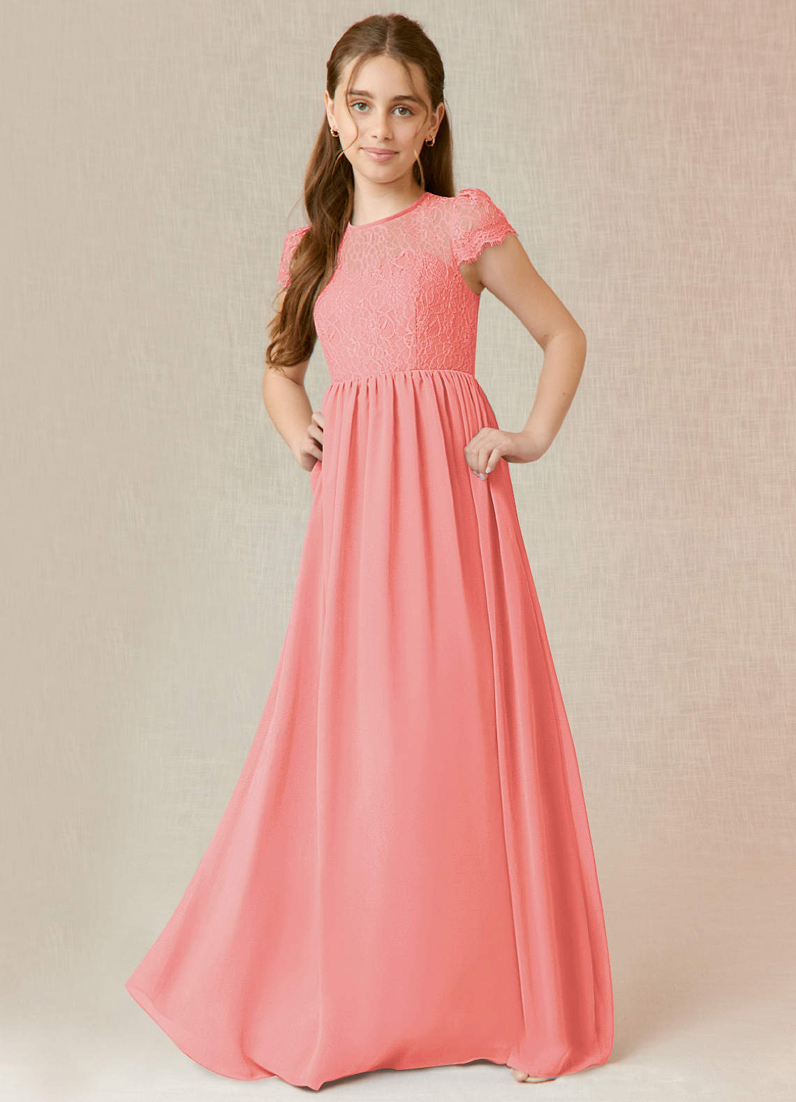 Azazie Delevingne Junior Coral A-Line Lace Chiffon Dress image1