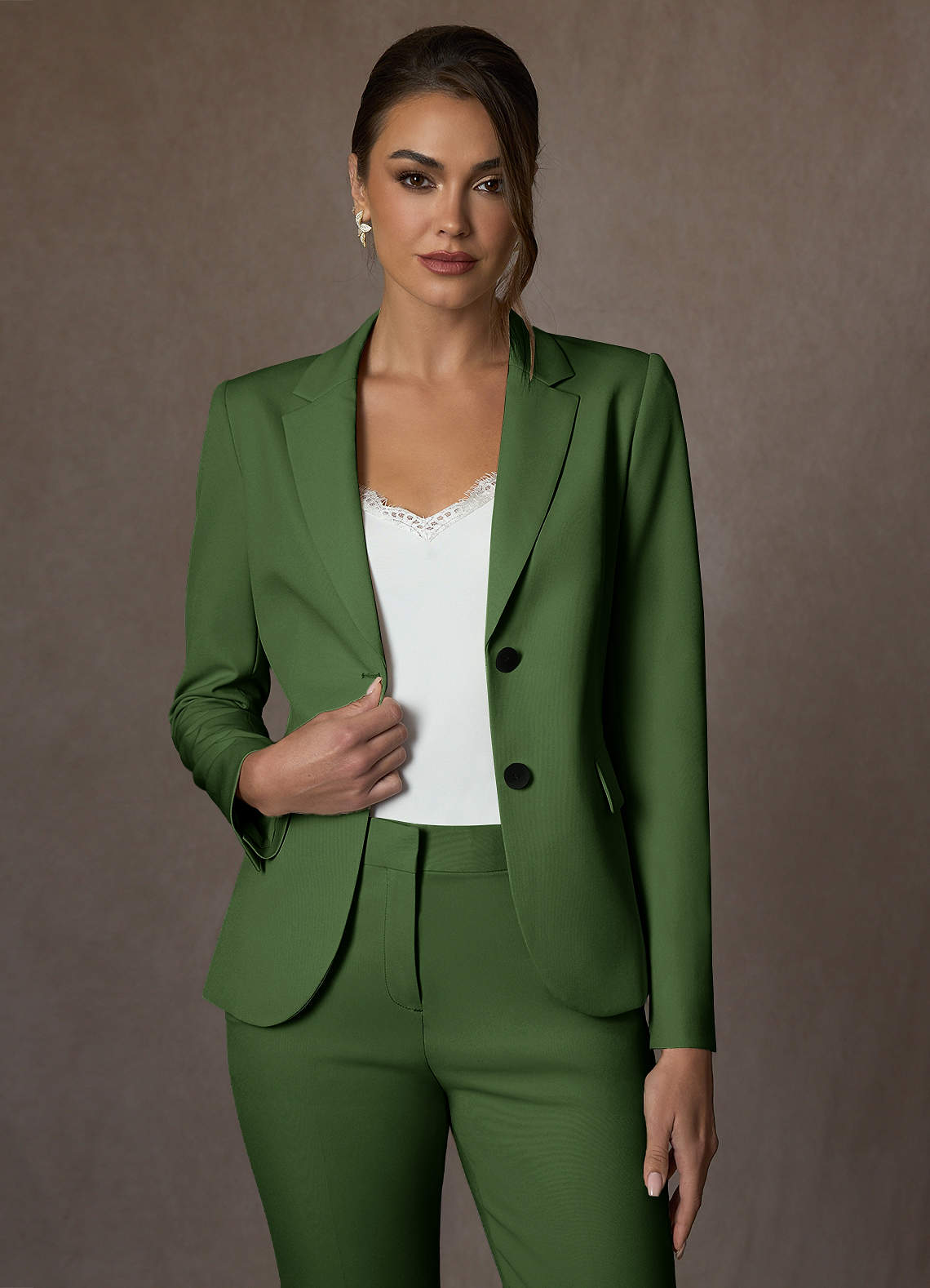 front Whitney Olive Structured Stretch Full Length Pants Suit