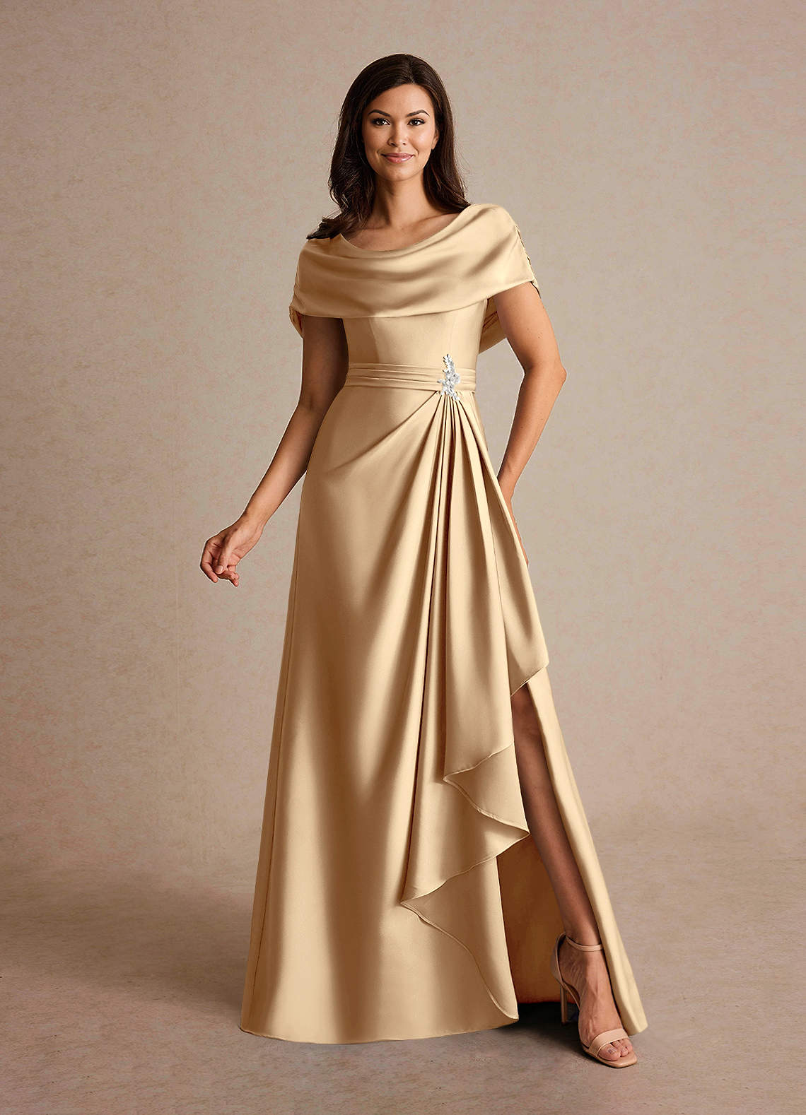 Azazie Branford Mother of the Bride Dresses Champagne A-Line Pleated Stretch Satin Dress image1