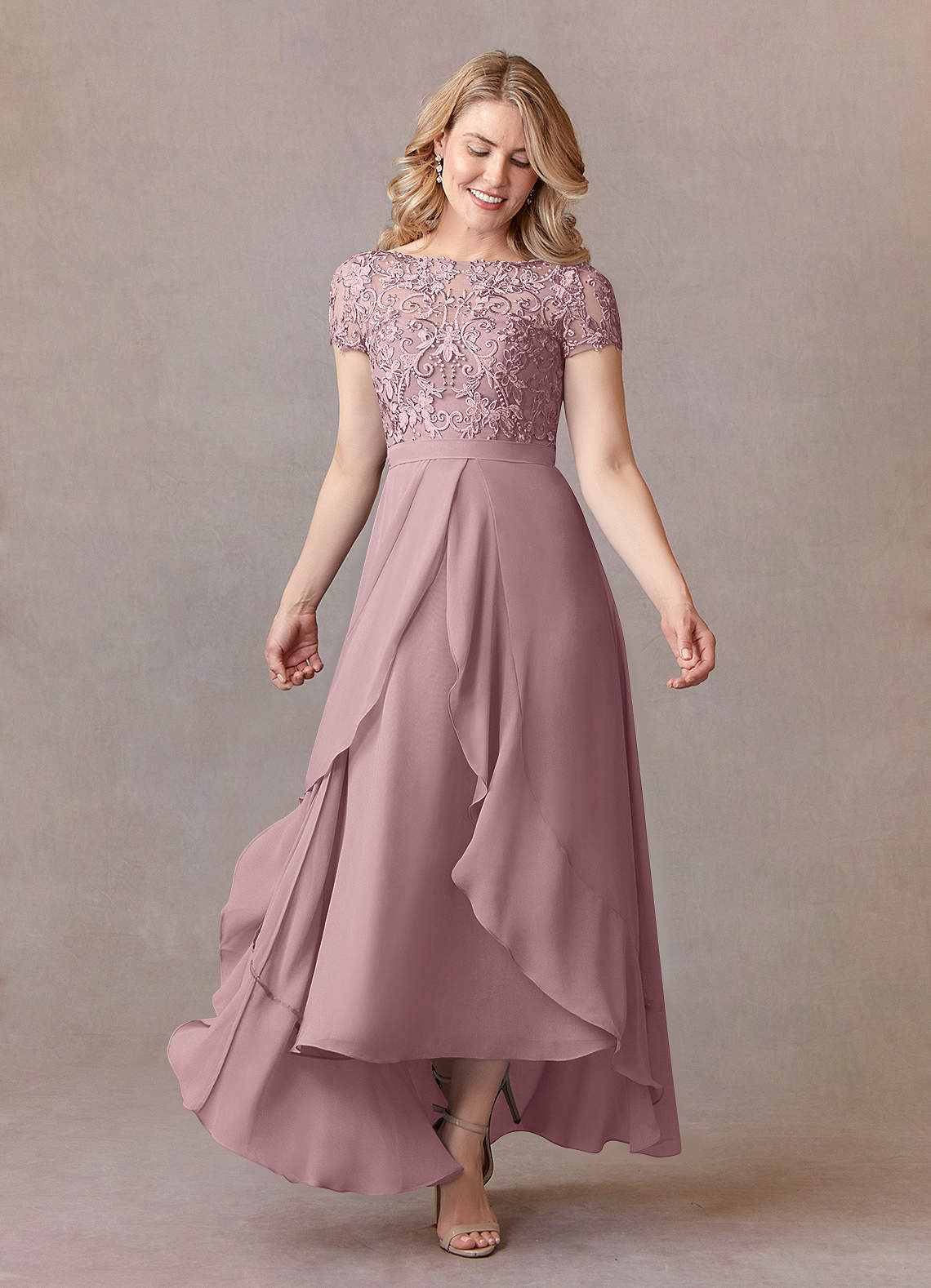Azazie Mamie Mother of the Bride Dresses Dusty Rose A-Line Lace Chiffon Dress image1