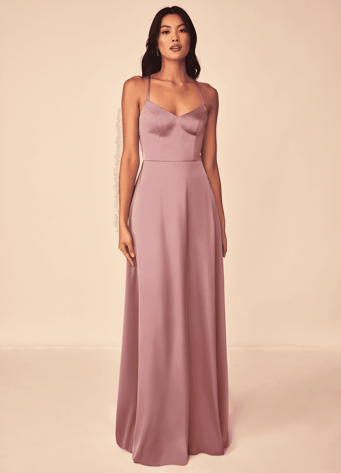 Azazie Mei Vestidos de damas de honor Vestido de Rosa Polvorienta de Satén Elástico de Corte en A con Cuello en V image1