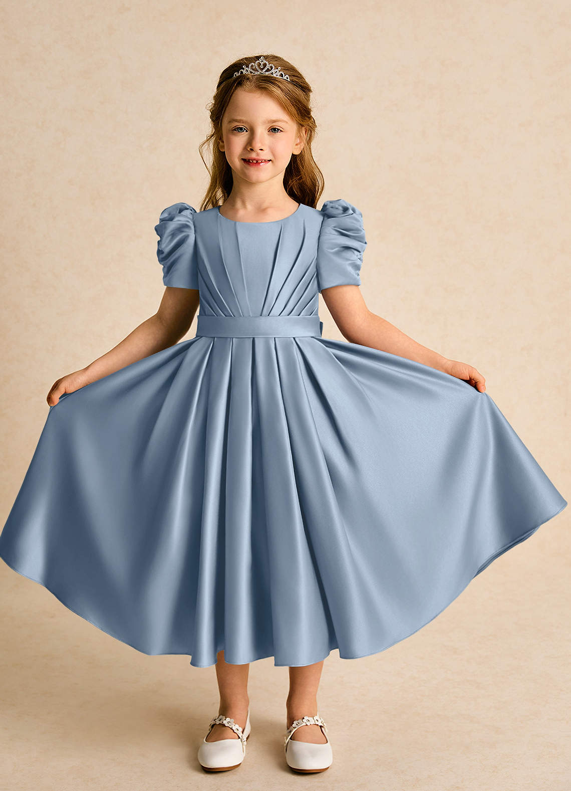 Azazie Miriam Abiti da Ragazza di Fiori Abito Principessa in Raso Opaco Plissettato Blu Polveroso image4