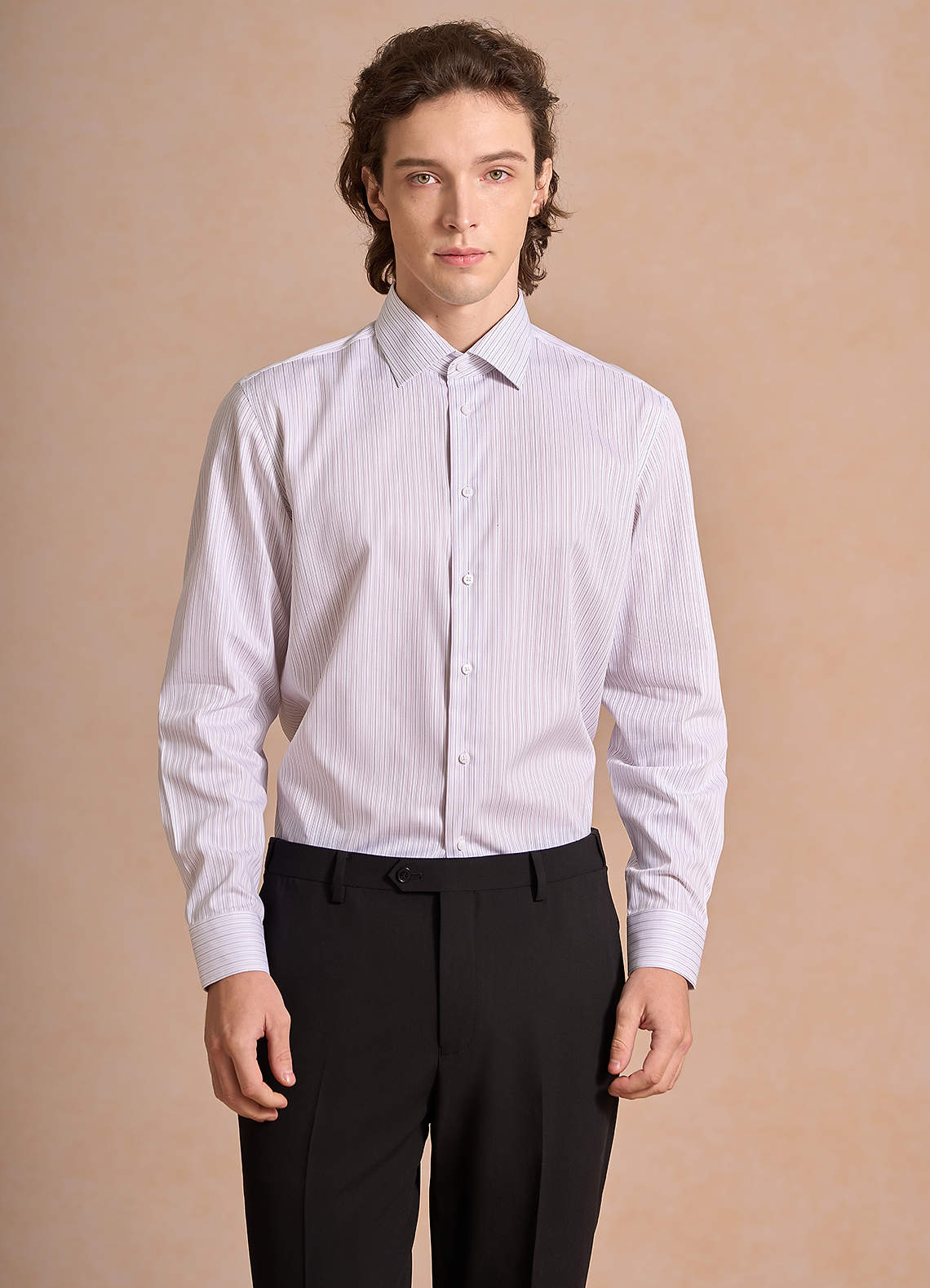 front Aiden Deep Purple Black 100% Cotton Non-Iron Striped Dress Shirt