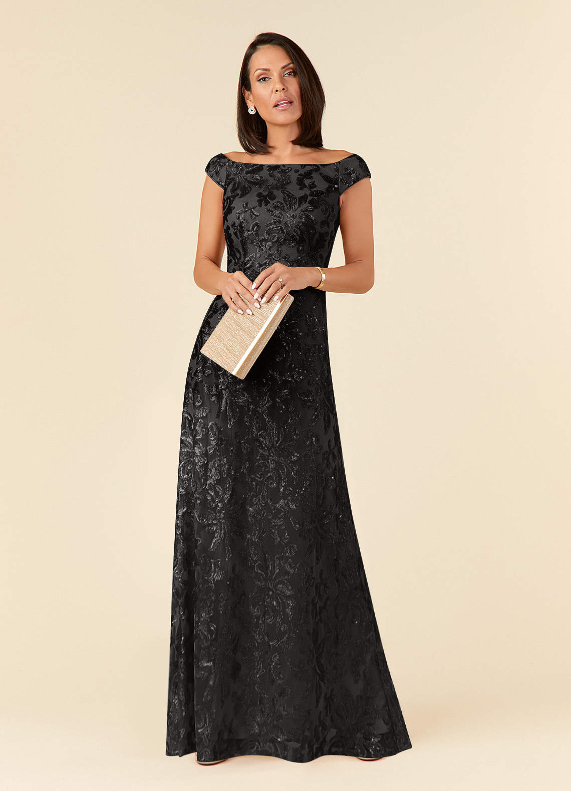 Azazie Porcelain Mother of the Bride Dresses Black A-Line Off the Shoulder Lace Dress image2