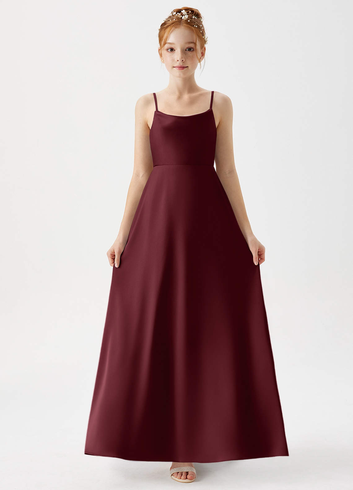 Azazie Shale Junior Abito A-Line in Raso Elasticizzato Cabernet image4
