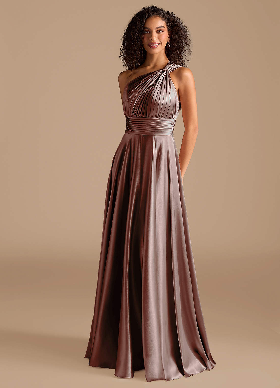 Azazie Charlize Bridesmaid Dresses Espresso A-Line One Shoulder Metallic Satin Dress image1