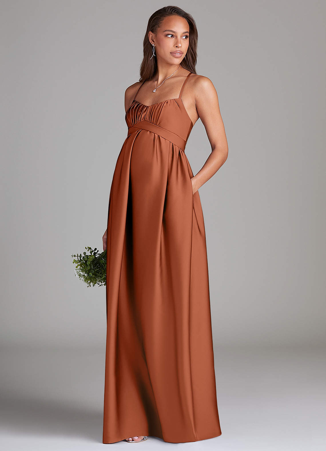 Azazie Llana Maternity Bridesmaid Dresses A-Line Stretch Satin Floor-Length Dress with Pockets image2