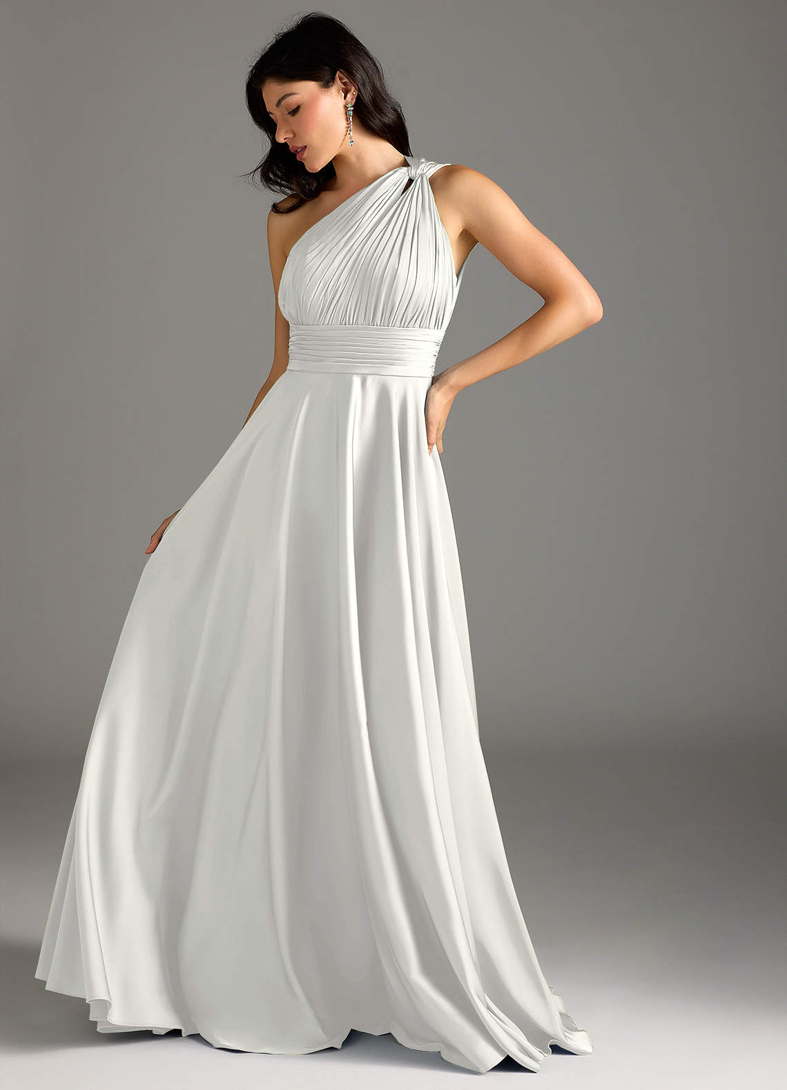 Azazie Charlize Abiti da Damigella Abito A-Line in Raso Elasticizzato Monospalla Bianco image4