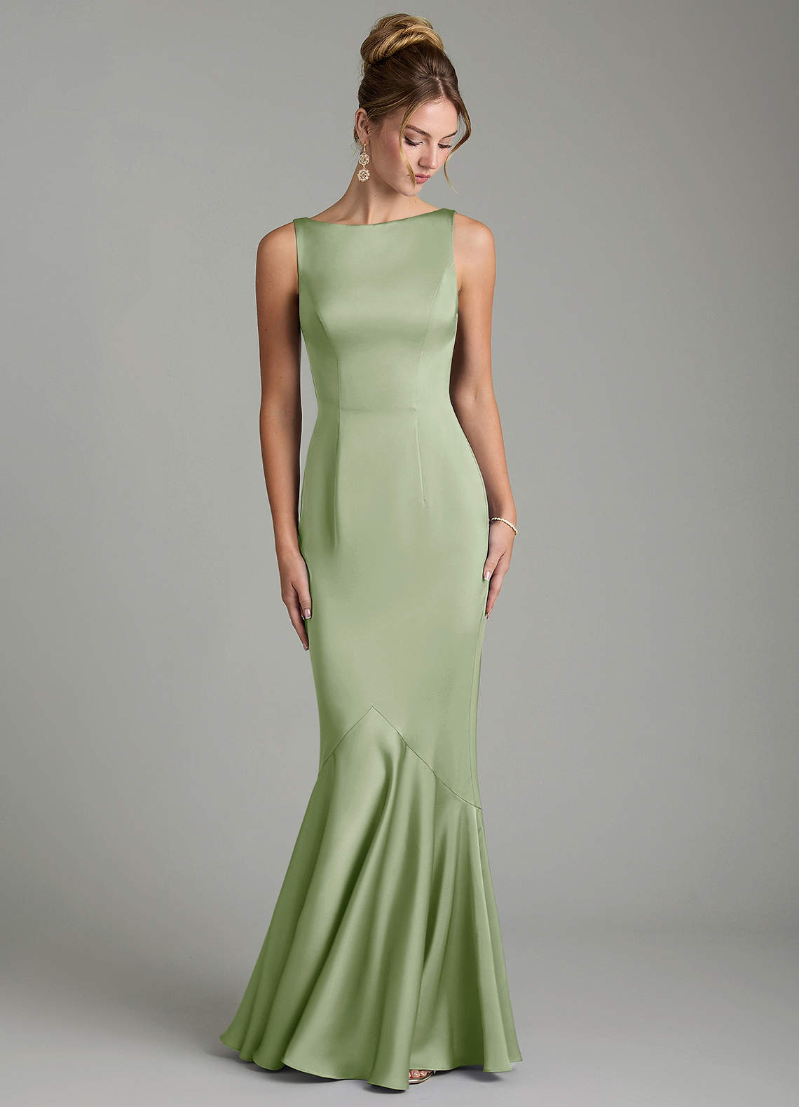 Azazie Tamera At-home Try On Dresses Dusty Sage Mermaid Pleated Stretch Satin Dress image3