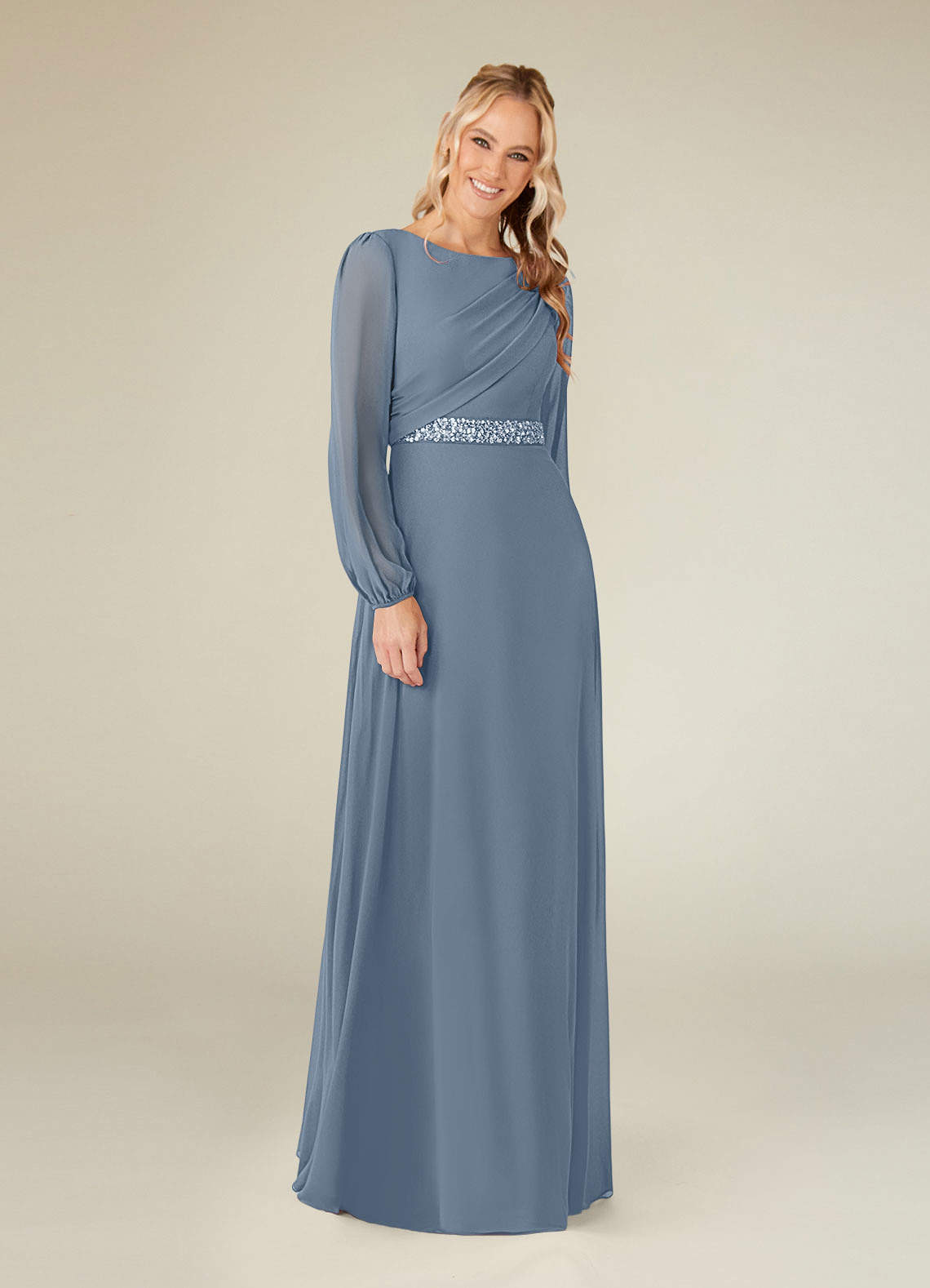 Azazie Priyanka Mother of the Bride Dresses Dusty Blue A-Line Boatneck Pleated Chiffon Dress image1