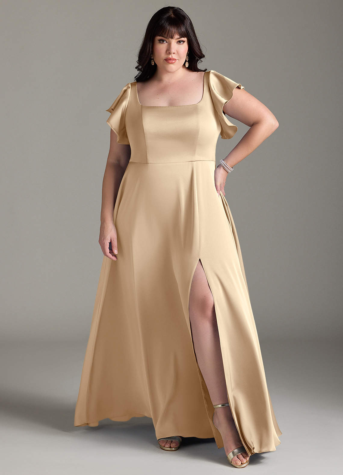 Azazie Bondi Bridesmaid Dresses Champagne A-Line Bow Stretch Satin Dress image1