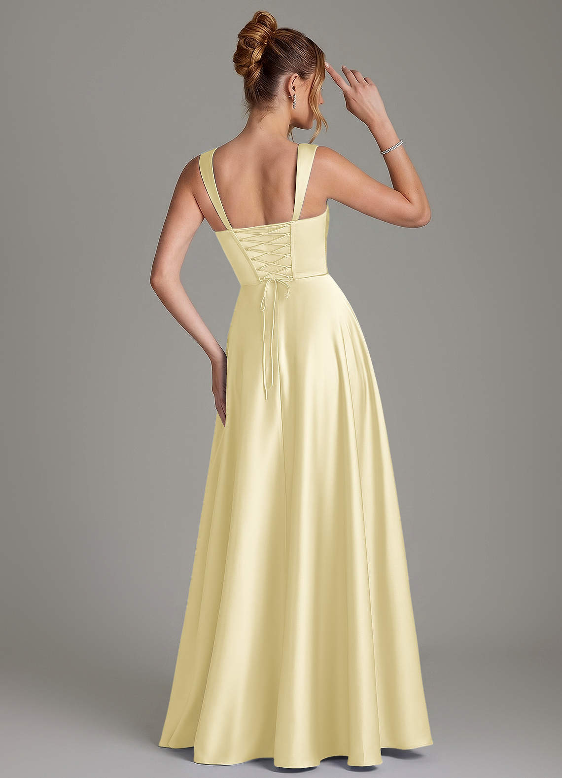 Azazie Azaria Bridesmaid Dresses Lemon Sorbet A-Line Corset Stretch Satin Dress image4