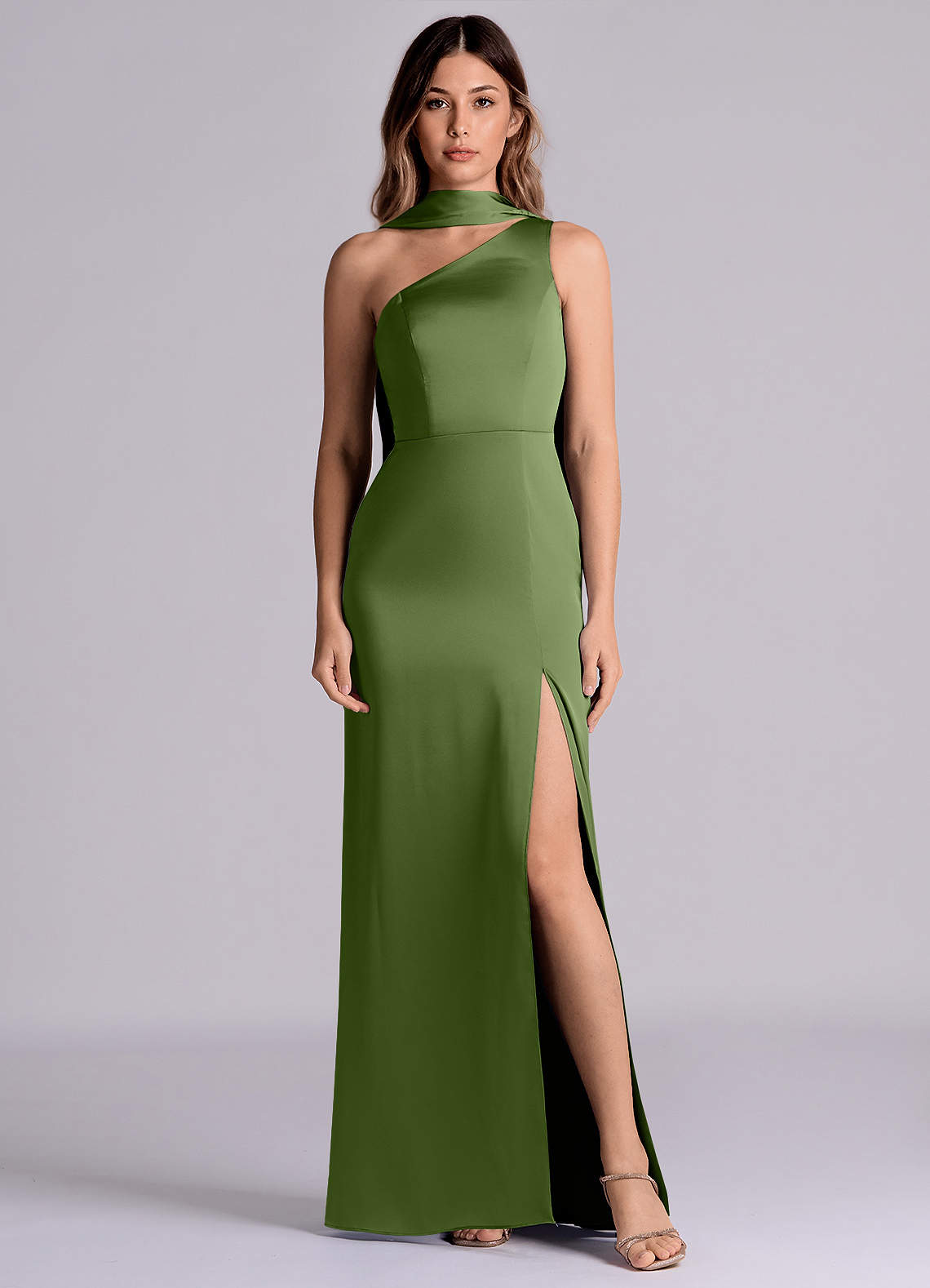 Azazie Phaedra Brautjungfernkleider A-Linie One-Shoulder Stretch-Satin Kleid Wacholder image1