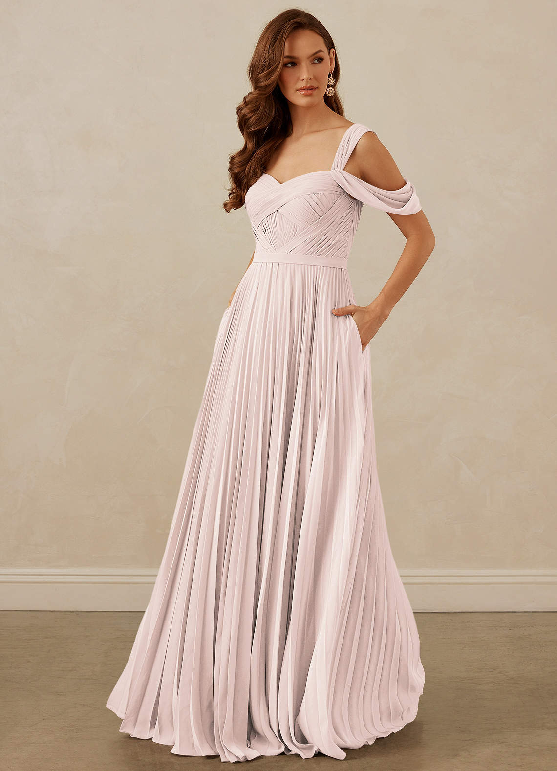 Christian Siriano Bridal for Azazie 1013 Bridesmaid Dresses Rose Petal A-Line Off the Shoulder Chiffon Dress image1
