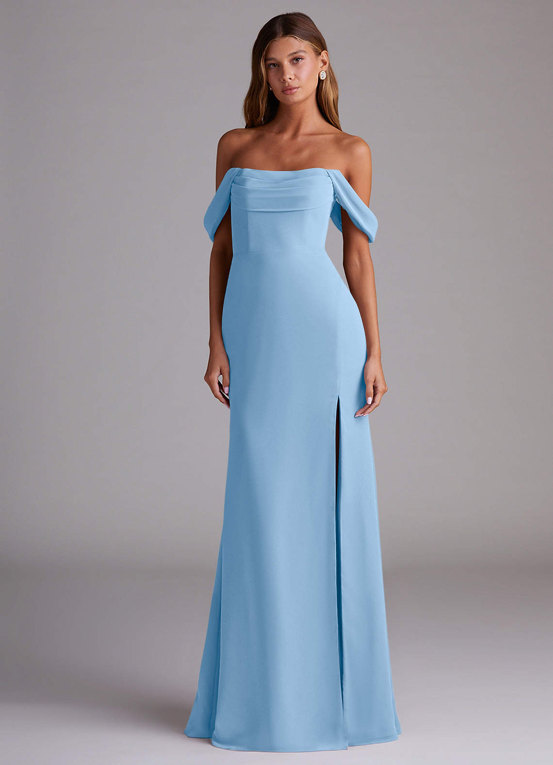 Azazie Saige Bridesmaid Dresses Powder Blue A-Line Off the Shoulder Chiffon Convertible Dress image2