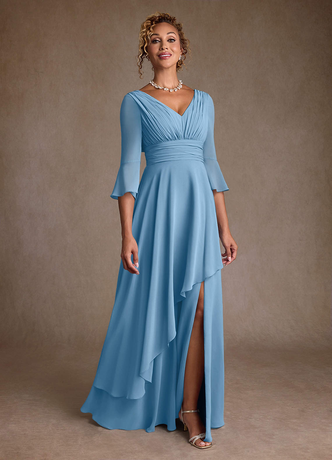 Azazie Eire Kleider für die Brautmutter A-Linie Plissee Chiffon Kleid Stahlblau image1