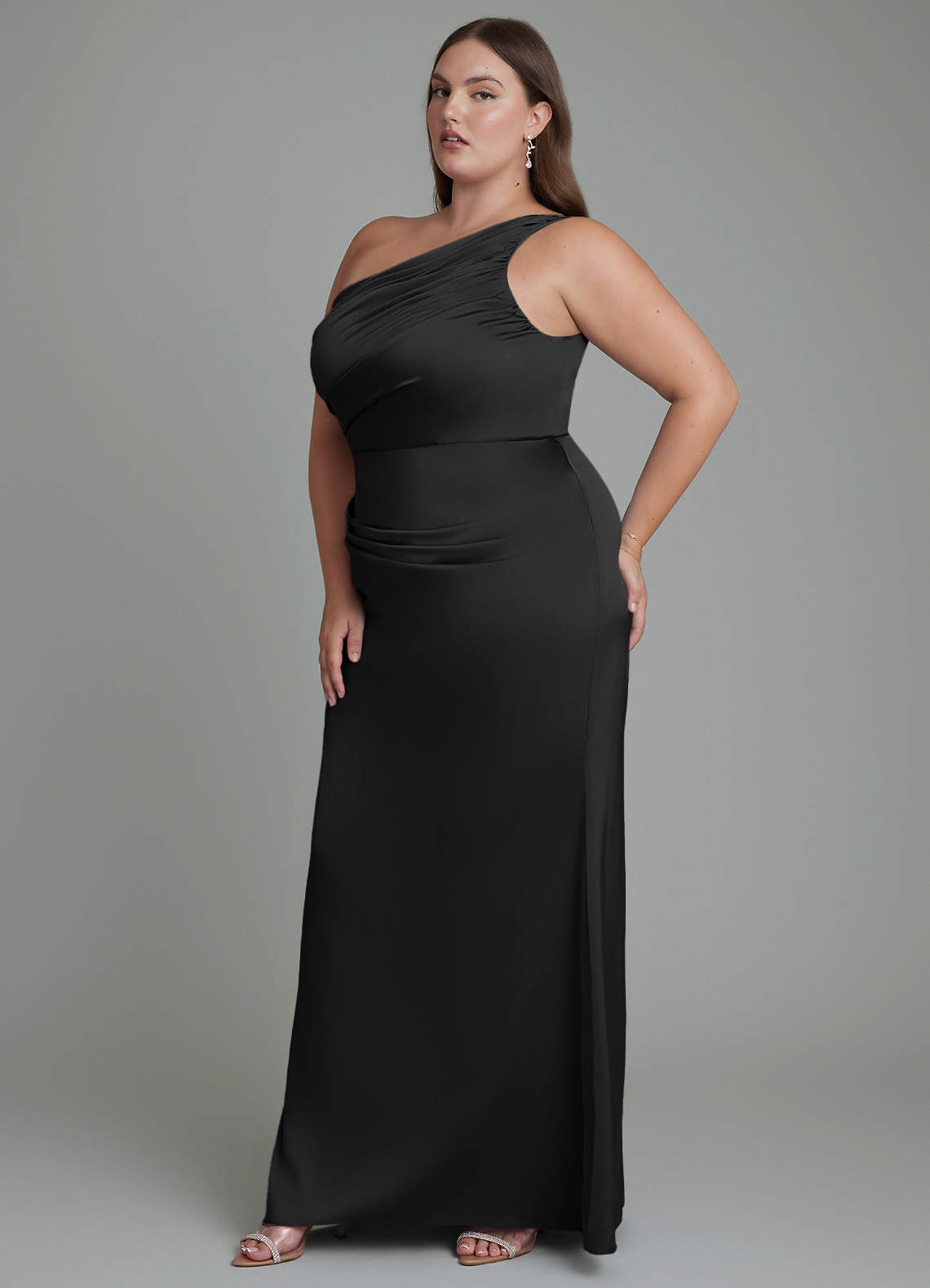 Azazie Akilah Bridesmaid Dresses Black Mermaid One Shoulder Stretch Satin Dress image10