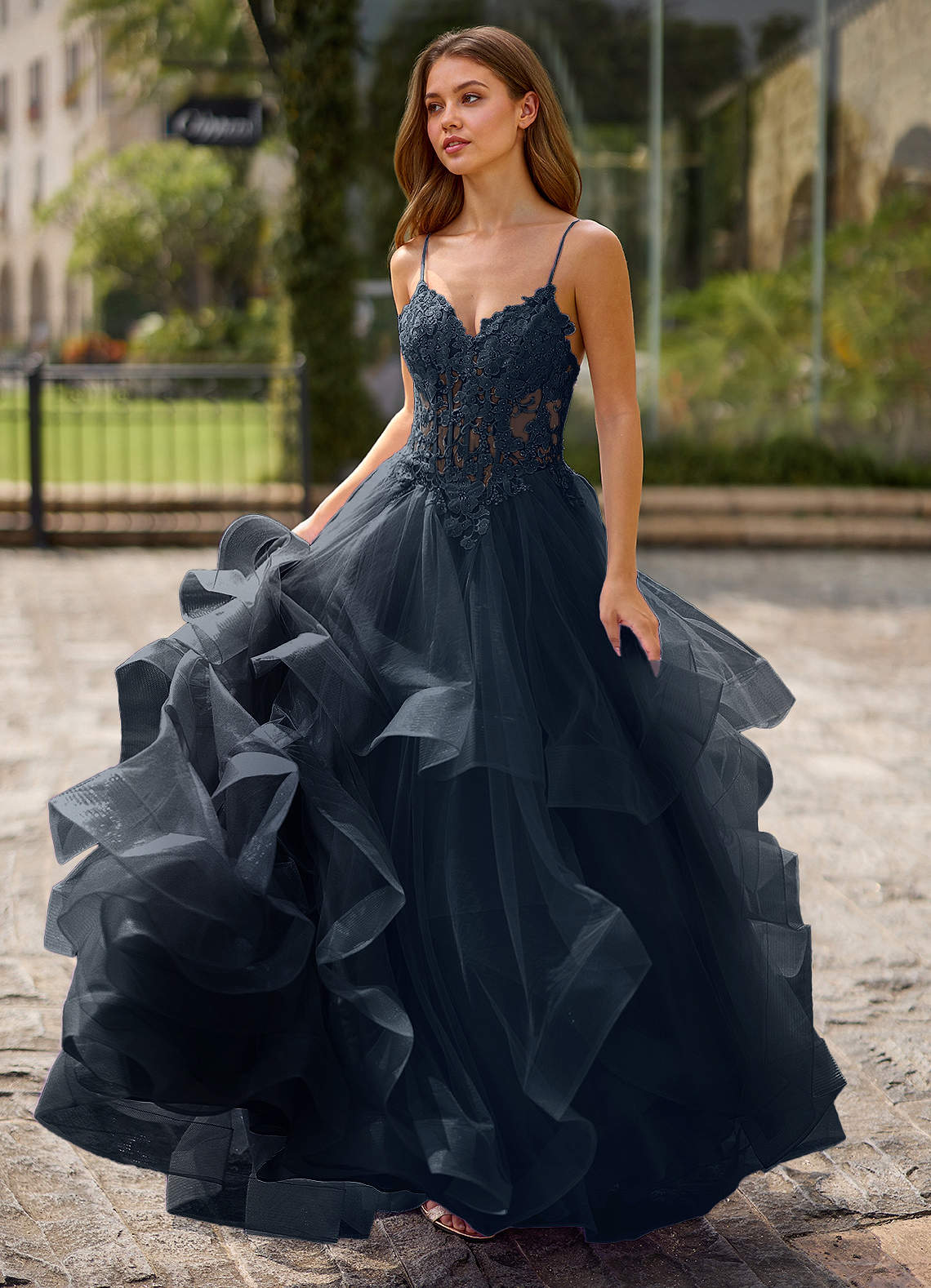 dark blue evening dresses A-Line Maxi Tulle Cute Prom Dresses COCOMELODY CS1044 main image 1