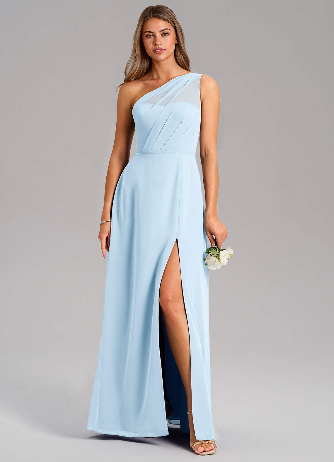 Azazie Phaedra Vestidos de madrinha de casamento Vestido Céu Azul de Chiffon de Linha A com Um ombro image2