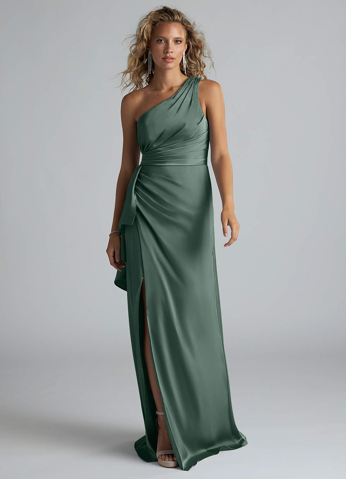 Azazie Maive Bridesmaid Dresses Sea Moss Sheath Ruched Stretch Satin Dress image1
