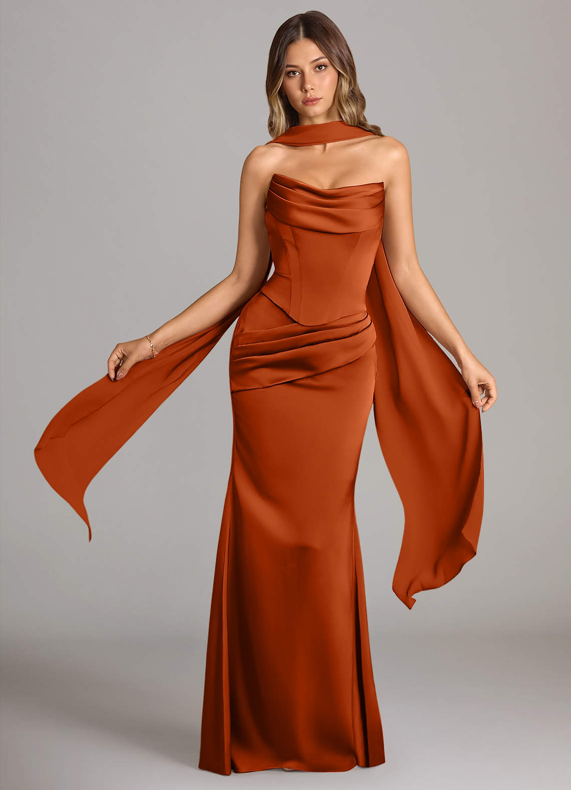 Azazie Sorrel Bridesmaid Dresses Burnt Orange Mermaid Strapless Stretch Satin Convertible Dress image1