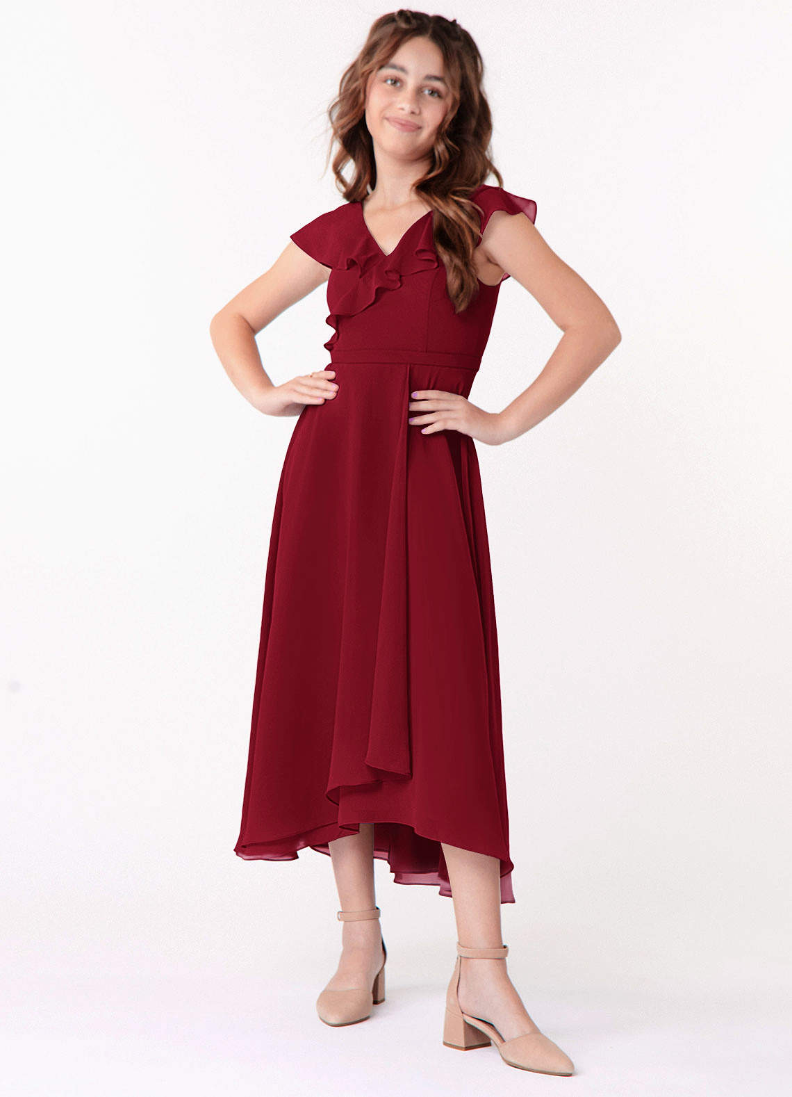 Azazie Posie Junior Burgundy A-Line Ruched Chiffon Dress image3